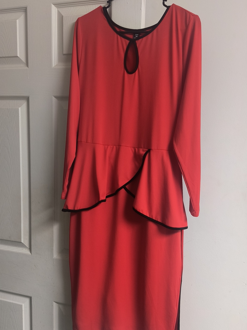 SHEIN Red Long Sleeve Peplum Midi Dress with Black Trim